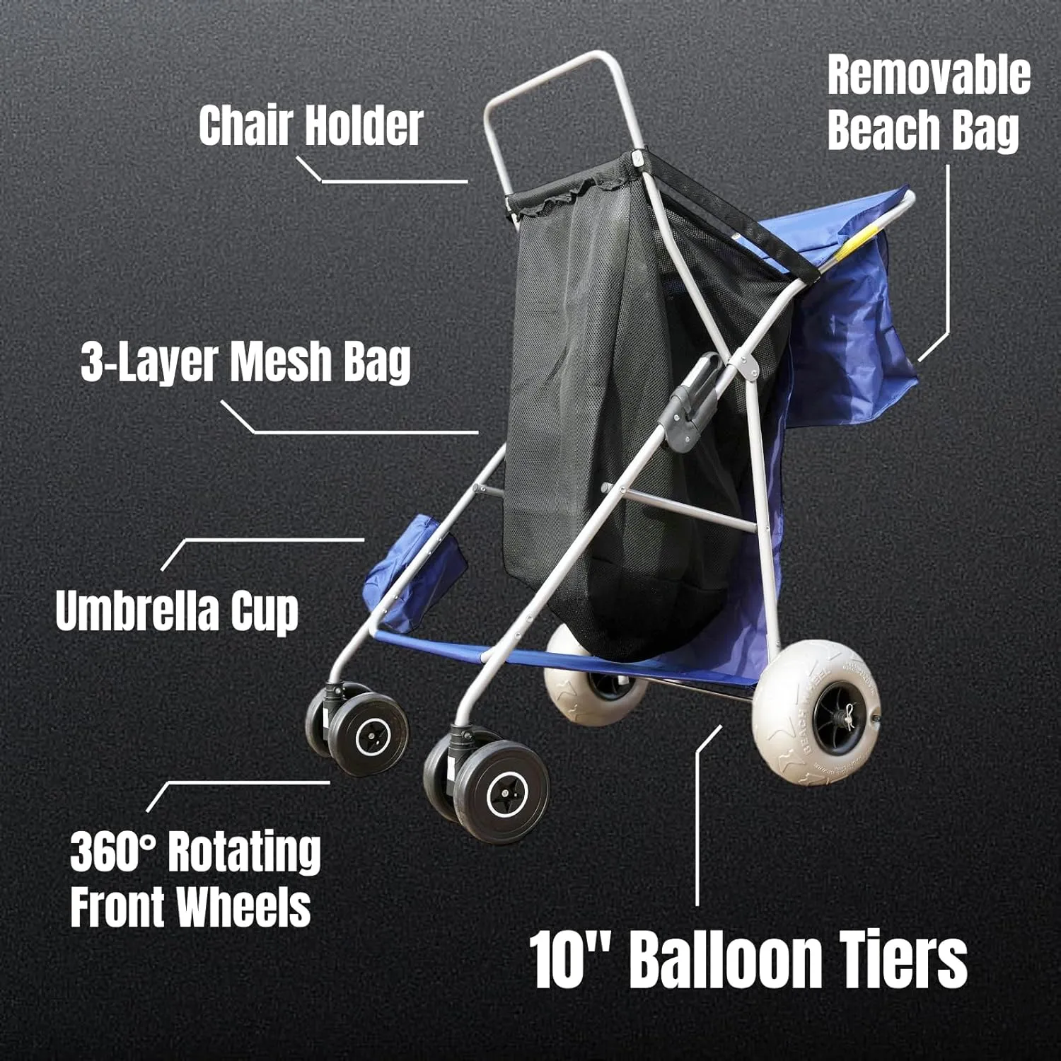 Beach Cart with Big Wheels for Sand, Collapsible Wheeler with Balloon Wheels, Holds 4 Folding Chairs, Pump Included (10'' Balloon Wheel)