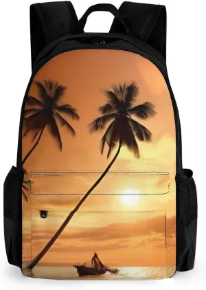 Beach Sunsets Hawaii Tree Art Rucksack Polyester Anti-Theft Multipurpose Bookbag Big Capacity Travel and Sport Backpack Rucksack With Side Pockets
