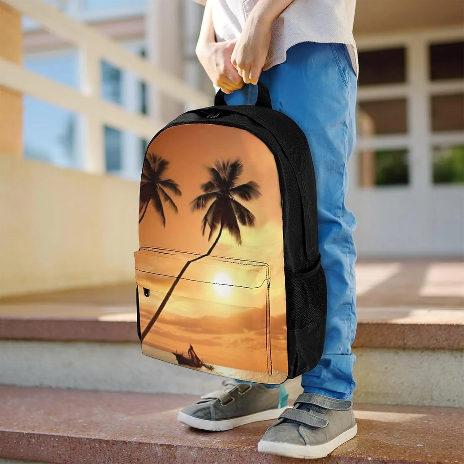 Beach Sunsets Hawaii Tree Art Rucksack Polyester Anti-Theft Multipurpose Bookbag Big Capacity Travel and Sport Backpack Rucksack With Side Pockets