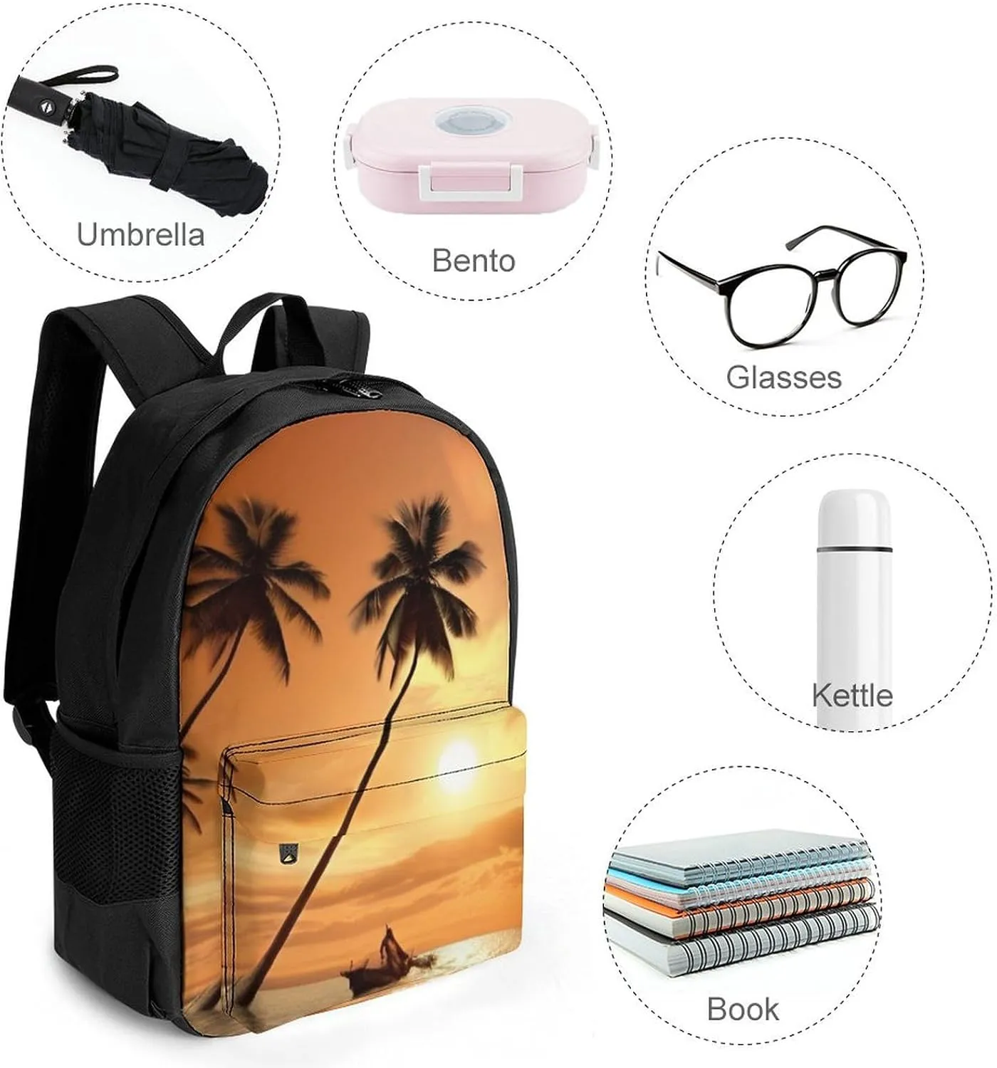 Beach Sunsets Hawaii Tree Art Rucksack Polyester Anti-Theft Multipurpose Bookbag Big Capacity Travel and Sport Backpack Rucksack With Side Pockets