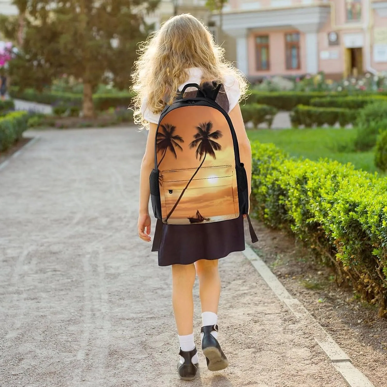 Beach Sunsets Hawaii Tree Art Rucksack Polyester Anti-Theft Multipurpose Bookbag Big Capacity Travel and Sport Backpack Rucksack With Side Pockets
