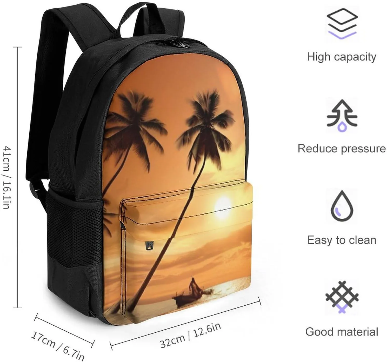 Beach Sunsets Hawaii Tree Art Rucksack Polyester Anti-Theft Multipurpose Bookbag Big Capacity Travel and Sport Backpack Rucksack With Side Pockets