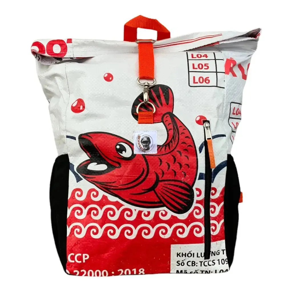 BEadbags Germany Upcycled Classic Adventure Ri100 Rucksack Backpack - White Red Fish