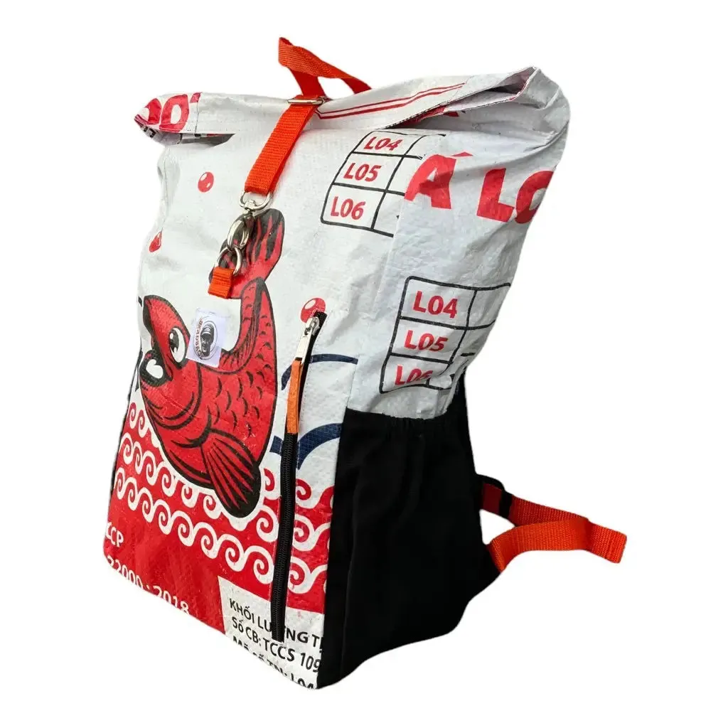 BEadbags Germany Upcycled Classic Adventure Ri100 Rucksack Backpack - White Red Fish