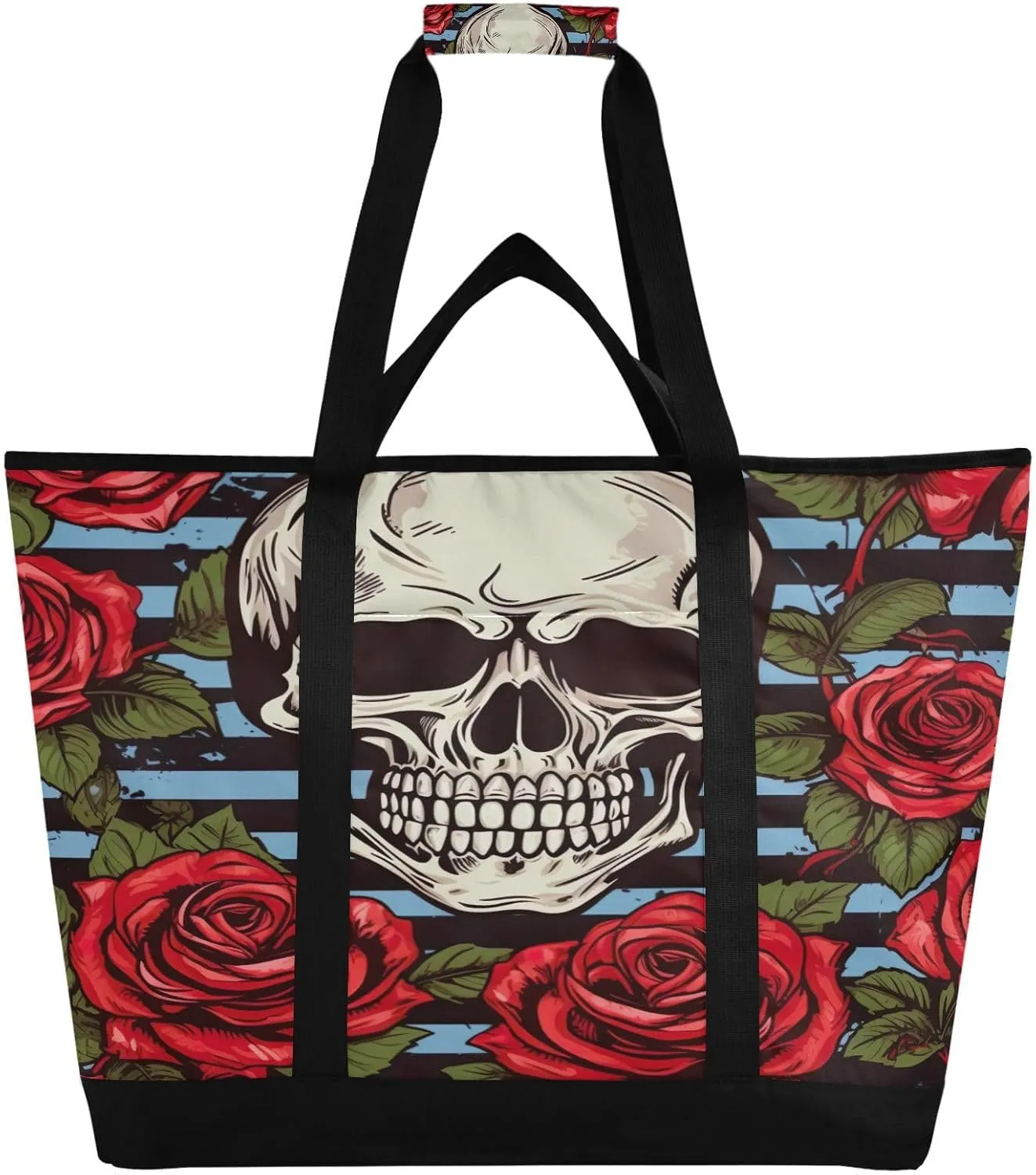 Beautiful Rose and Skull Reusable Insulated Lunchbox Cooler Bag, Leakproof Kitchen Grocery Bag Collapsible Portable Cooler Tote Bag for Picnic, Camping, Office, Travel
