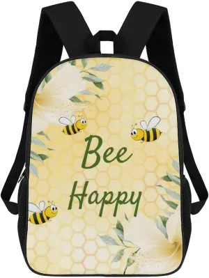 Bee Happy Bumble Bees Yellow Honeycomb Backpack Lightweight Waterproof Backpacks Laptop Backpack for Unisex Casual Travel Daypacks Large Capacity