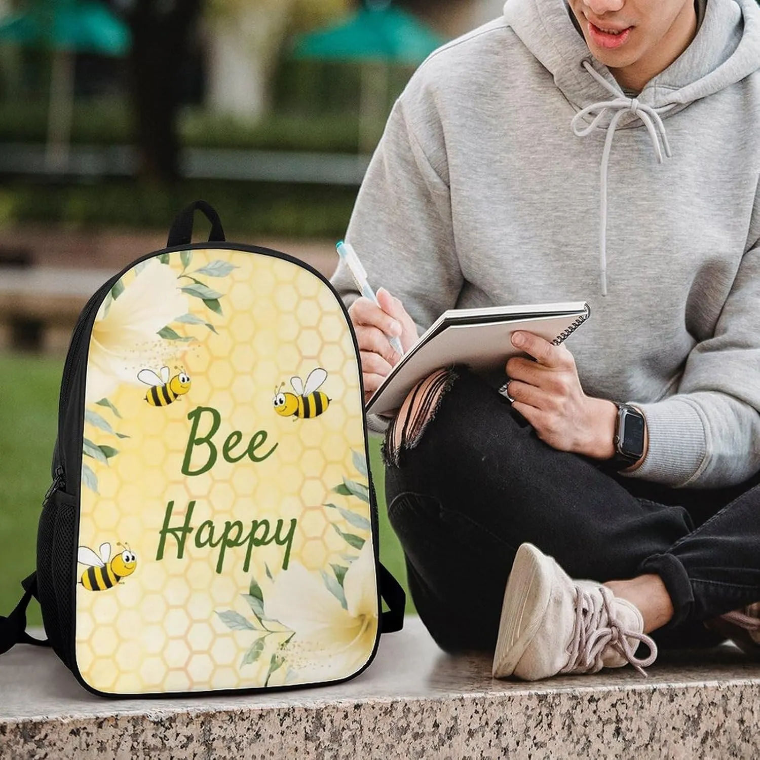 Bee Happy Bumble Bees Yellow Honeycomb Backpack Lightweight Waterproof Backpacks Laptop Backpack for Unisex Casual Travel Daypacks Large Capacity