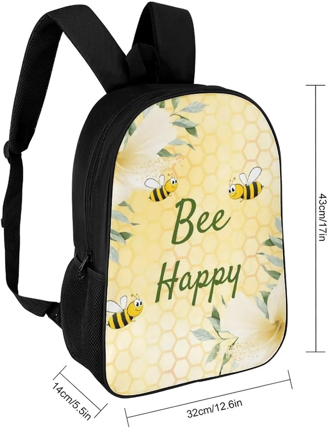 Bee Happy Bumble Bees Yellow Honeycomb Backpack Lightweight Waterproof Backpacks Laptop Backpack for Unisex Casual Travel Daypacks Large Capacity
