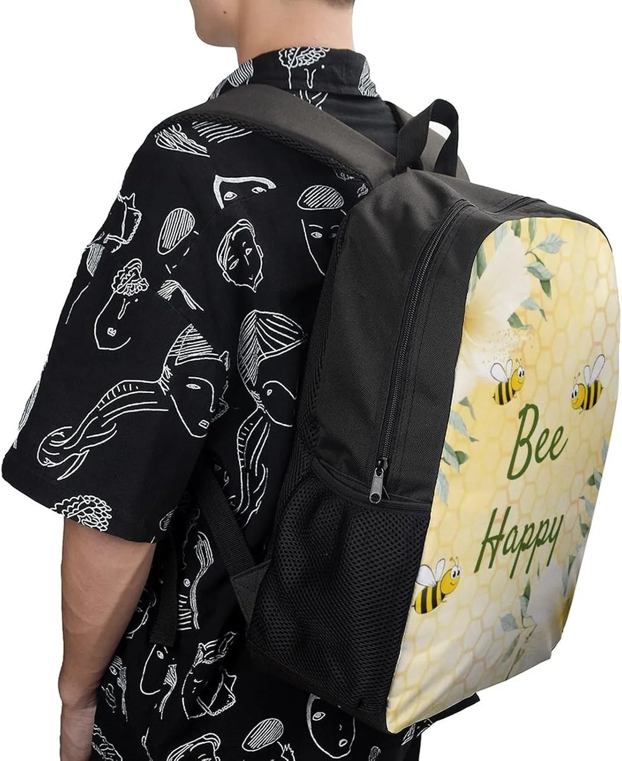 Bee Happy Bumble Bees Yellow Honeycomb Backpack Lightweight Waterproof Backpacks Laptop Backpack for Unisex Casual Travel Daypacks Large Capacity
