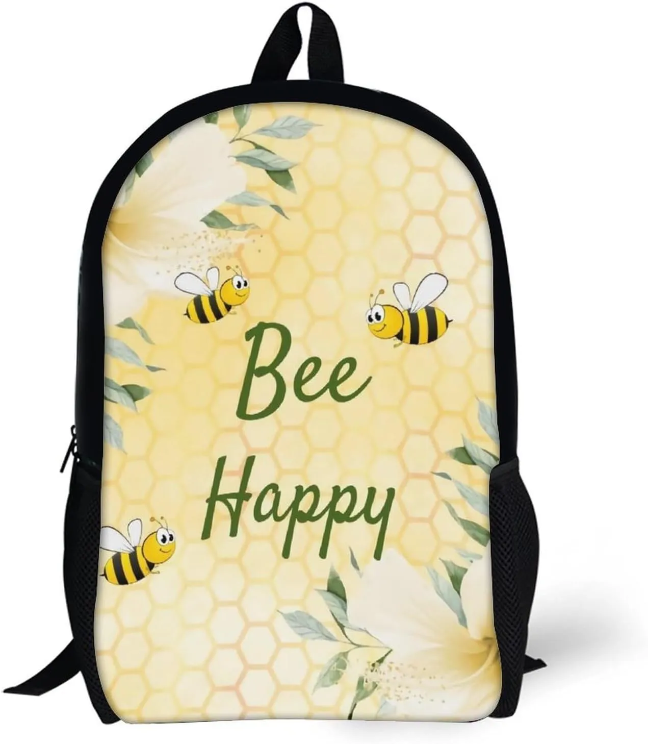 Bee Happy Bumble Bees Yellow Honeycomb Backpack Lightweight Waterproof Backpacks Laptop Backpack for Unisex Casual Travel Daypacks Large Capacity