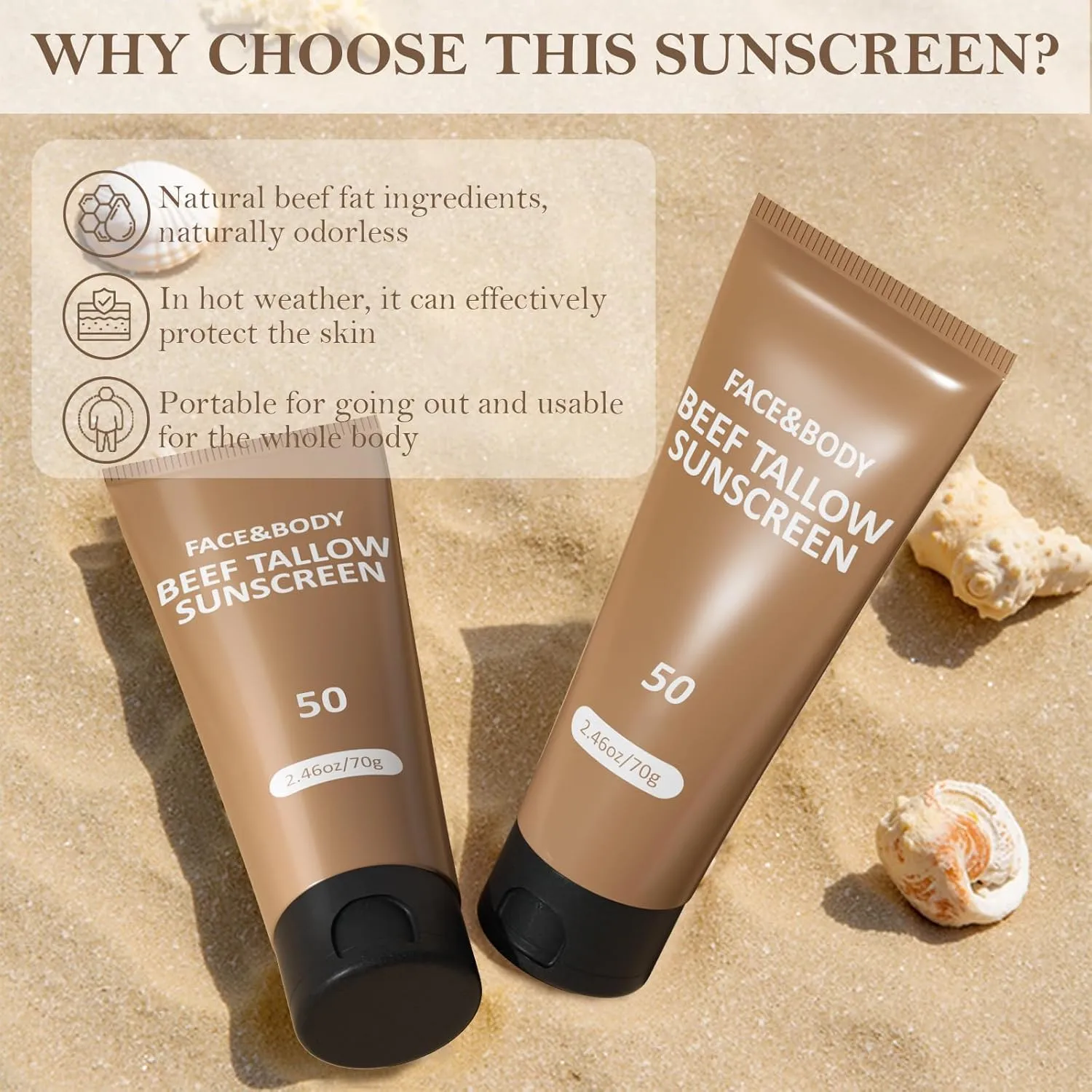 Beef Tallow Sunscreen, Sunscreen for Face, Natural Reef Safe Sunblock for Face Body, Non Greasy Clean Travel Sun Screen Sunblock for Sunmmer Outdoor Travel, 4 Packs