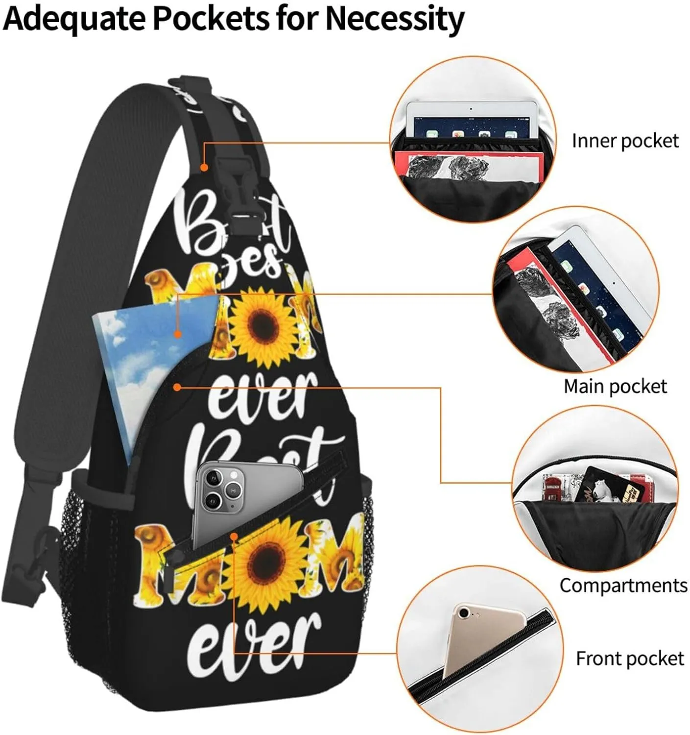 Best Mom Ever Sunflower Mama Mother's Day Crossbody Bag Cross Chest Bag Adjustable Sling Backpack Sports Gym Shoulder Bags Travel Cycling Daypack Diagonally Casual Rucksack