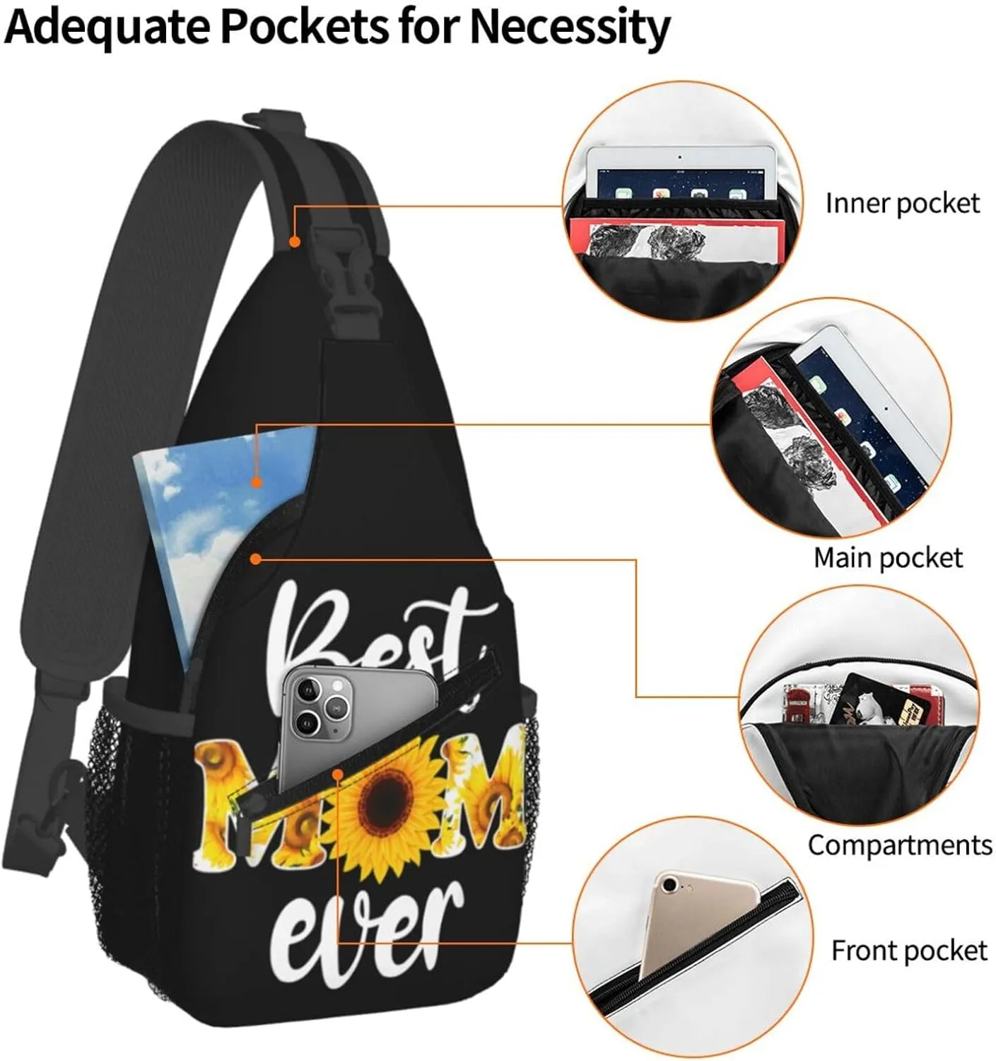 Best Mom Ever Sunflower Mama Mother's Day Crossbody Bag Cross Chest Bag Adjustable Sling Backpack Sports Gym Shoulder Bags Travel Cycling Daypack Diagonally Casual Rucksack