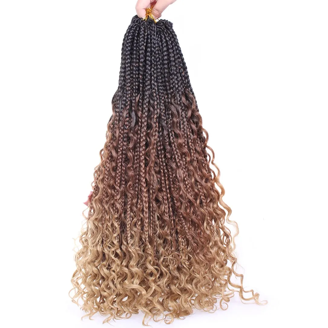 Beverlee 24 Inch Boho Box Braids 8 Packs Goddess Box Braids Crochet Hair Bohemian Hippie Braids Braiding Hair Box Braids with Curly Ends Messy Pre-looped Synthetic Crochet Hair for Black Women 53#