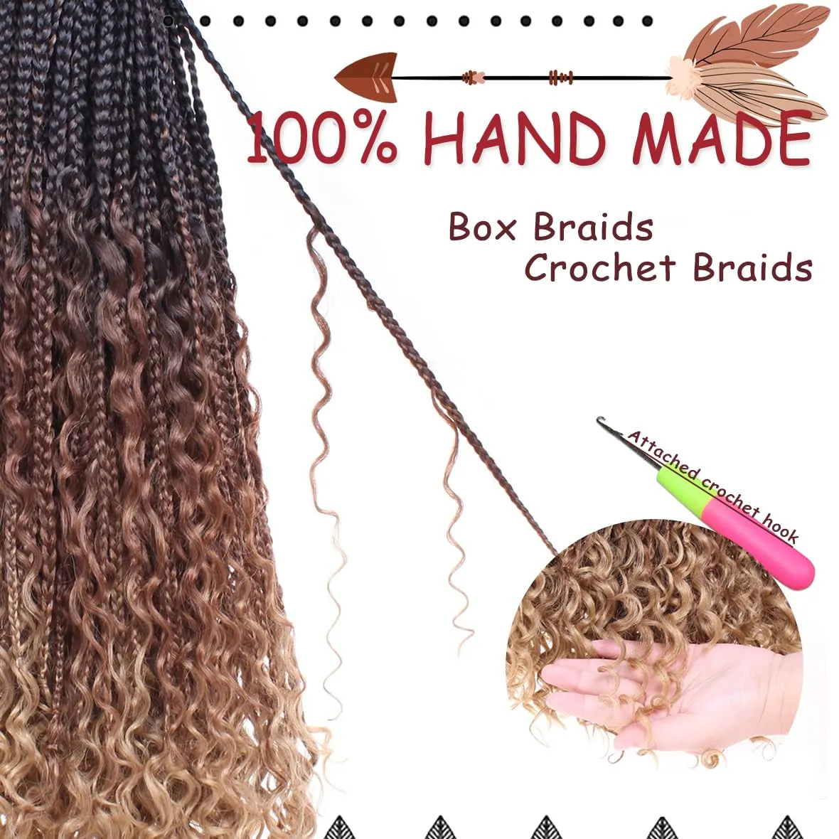 Beverlee 24 Inch Boho Box Braids 8 Packs Goddess Box Braids Crochet Hair Bohemian Hippie Braids Braiding Hair Box Braids with Curly Ends Messy Pre-looped Synthetic Crochet Hair for Black Women 53#