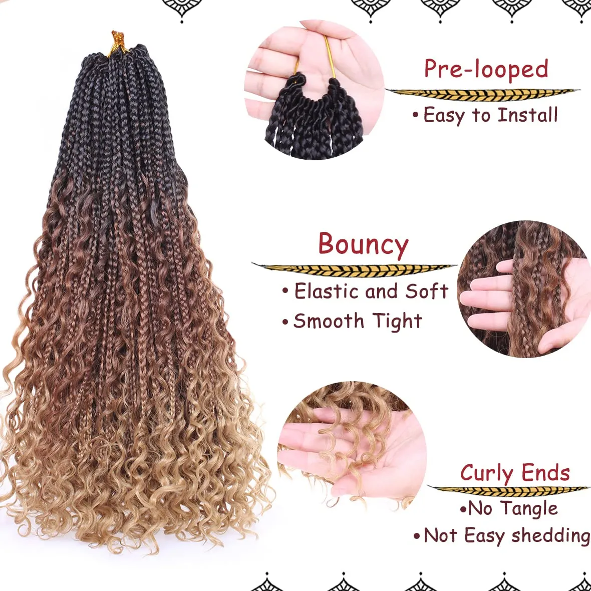 Beverlee 24 Inch Boho Box Braids 8 Packs Goddess Box Braids Crochet Hair Bohemian Hippie Braids Braiding Hair Box Braids with Curly Ends Messy Pre-looped Synthetic Crochet Hair for Black Women 53#