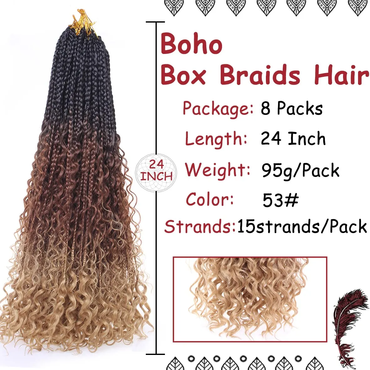 Beverlee 24 Inch Boho Box Braids 8 Packs Goddess Box Braids Crochet Hair Bohemian Hippie Braids Braiding Hair Box Braids with Curly Ends Messy Pre-looped Synthetic Crochet Hair for Black Women 53#