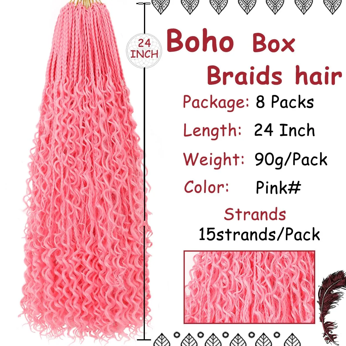Beverlee 24 Inch Boho Box Braids 8 Packs Goddess Box Braids Crochet Hair Bohemian Hippie Braids Braiding Hair Box Braids with Curly Ends Messy Pre-looped Synthetic Crochet Hair for Women Pink#