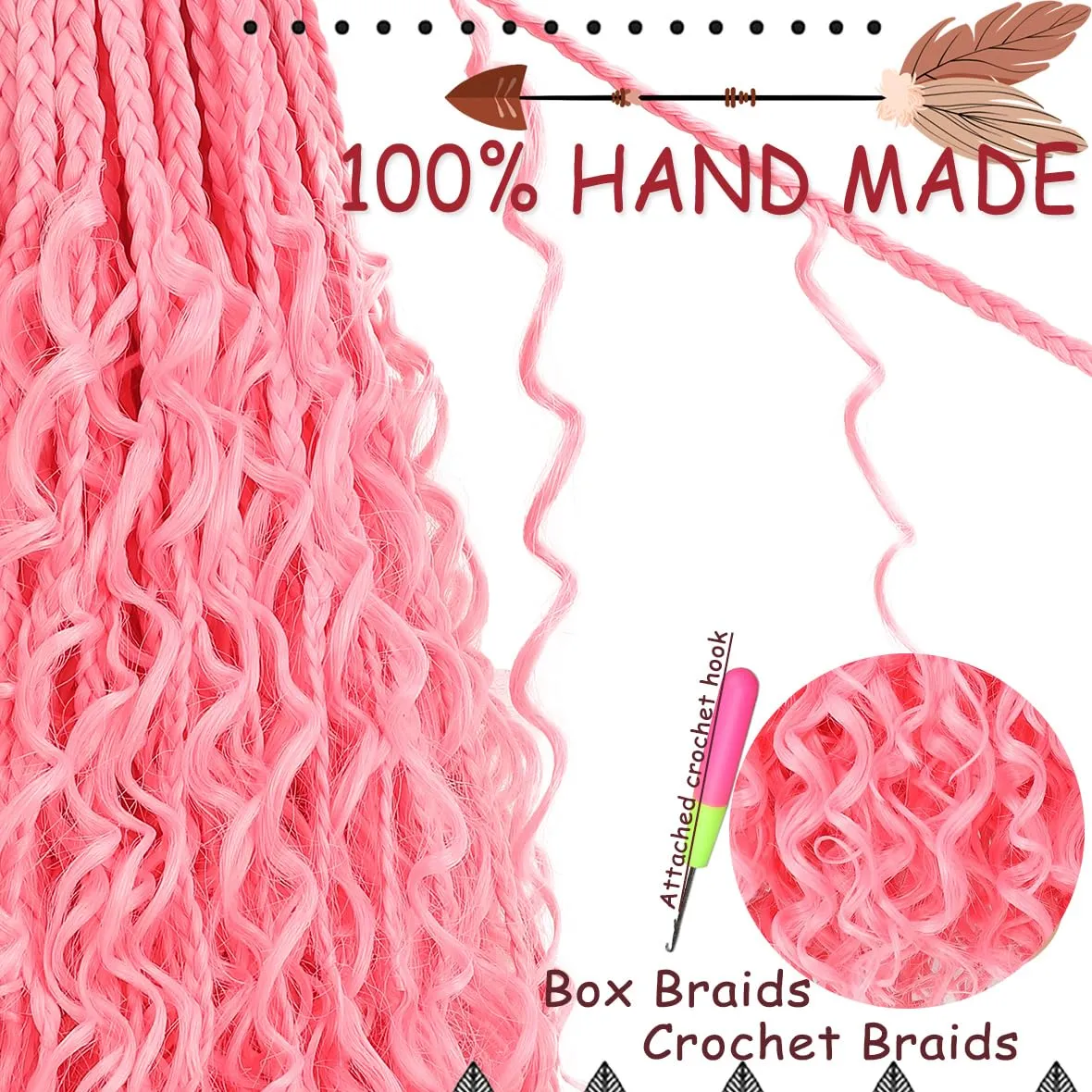 Beverlee 24 Inch Boho Box Braids 8 Packs Goddess Box Braids Crochet Hair Bohemian Hippie Braids Braiding Hair Box Braids with Curly Ends Messy Pre-looped Synthetic Crochet Hair for Women Pink#