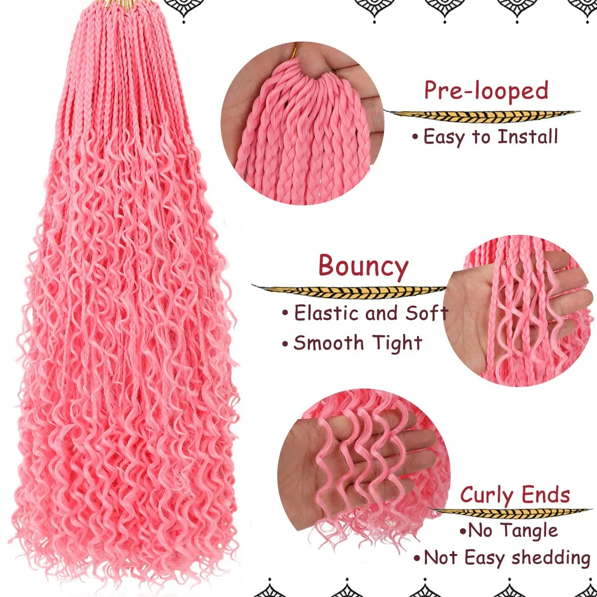 Beverlee 24 Inch Boho Box Braids 8 Packs Goddess Box Braids Crochet Hair Bohemian Hippie Braids Braiding Hair Box Braids with Curly Ends Messy Pre-looped Synthetic Crochet Hair for Women Pink#