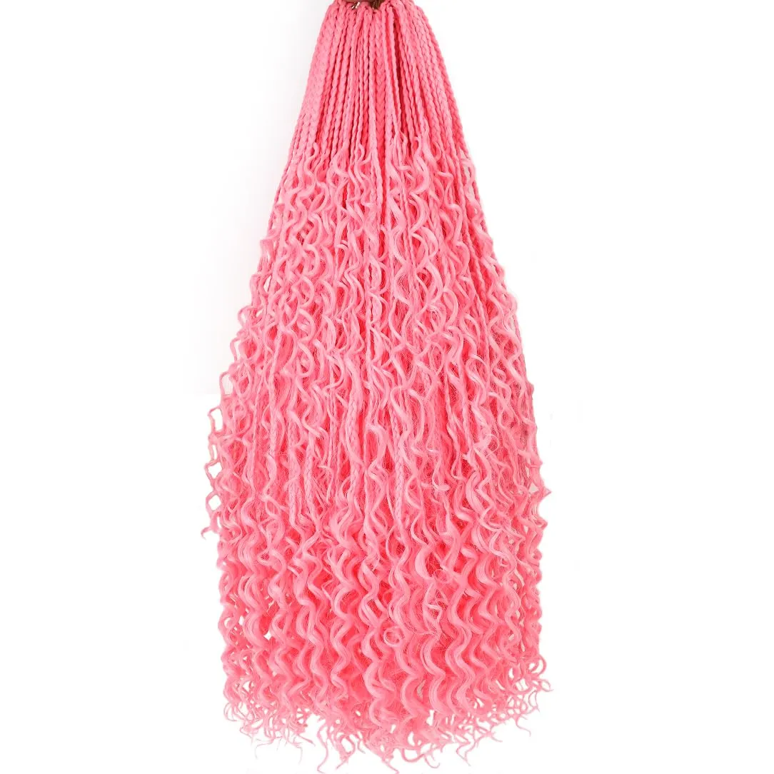 Beverlee 24 Inch Boho Box Braids 8 Packs Goddess Box Braids Crochet Hair Bohemian Hippie Braids Braiding Hair Box Braids with Curly Ends Messy Pre-looped Synthetic Crochet Hair for Women Pink#