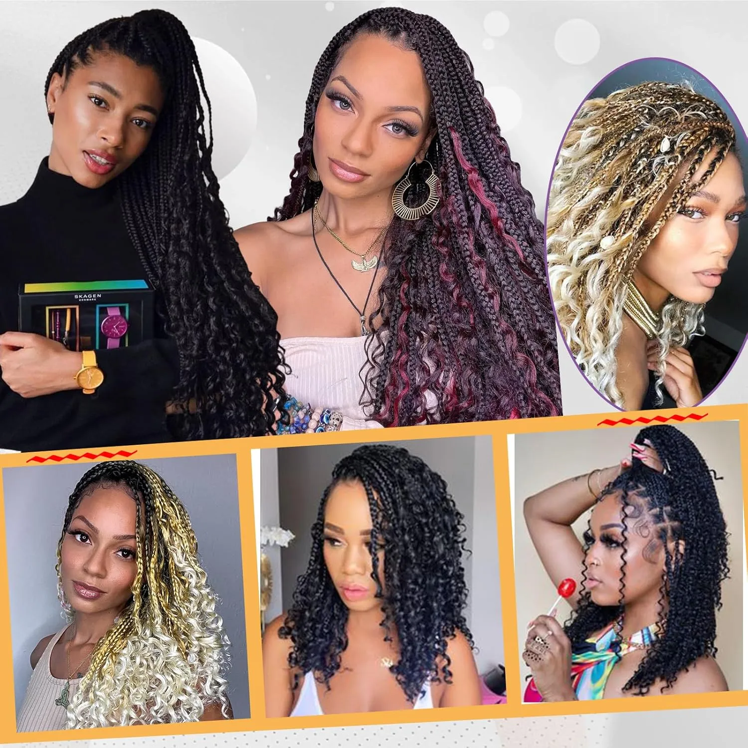 Beverlee 24 Inch Boho Box Braids 8 Packs Goddess Box Braids Crochet Hair Bohemian Hippie Braids Braiding Hair Box Braids with Curly Ends Messy Pre-looped Synthetic Crochet Hair for Women Pink#