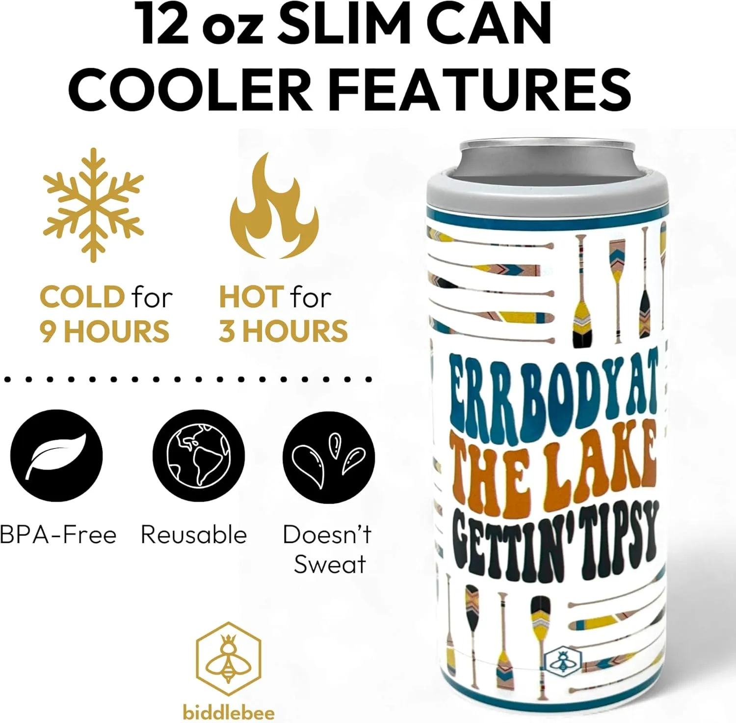 Biddlebee Can Cooler for Standard 12oz Cans & Bottles – Stainless Steel Double Wall Vacuum Insulated Drink Holder – Beach Gift for Men, Women, Vacation, Picnic