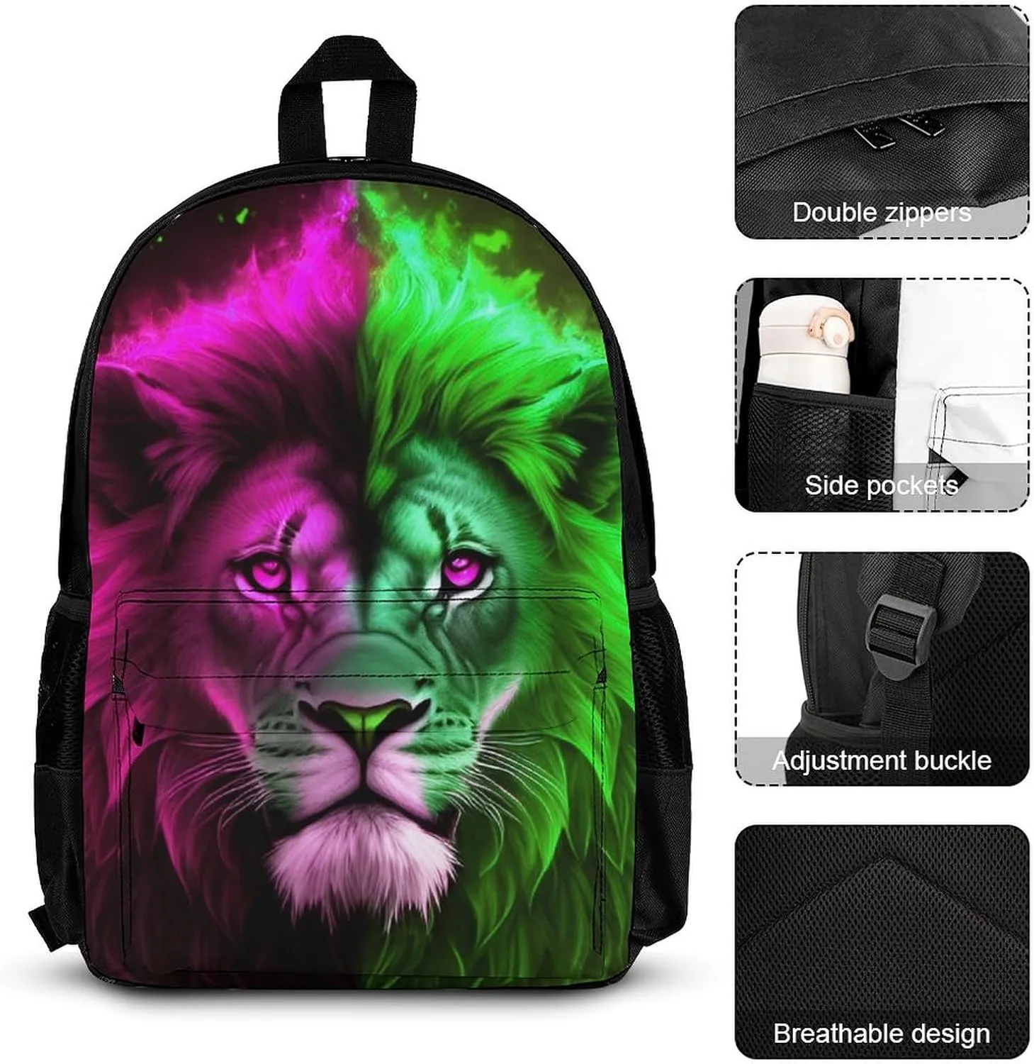 Big Capacity Rucksack, Cool Lion Blue And Red Fire Surreal Style Art Bookbag, 3 Piece College Daypack, Travel Hiking Backpack Rucksack   Lunch Bag   Pencil Bag, One Size
