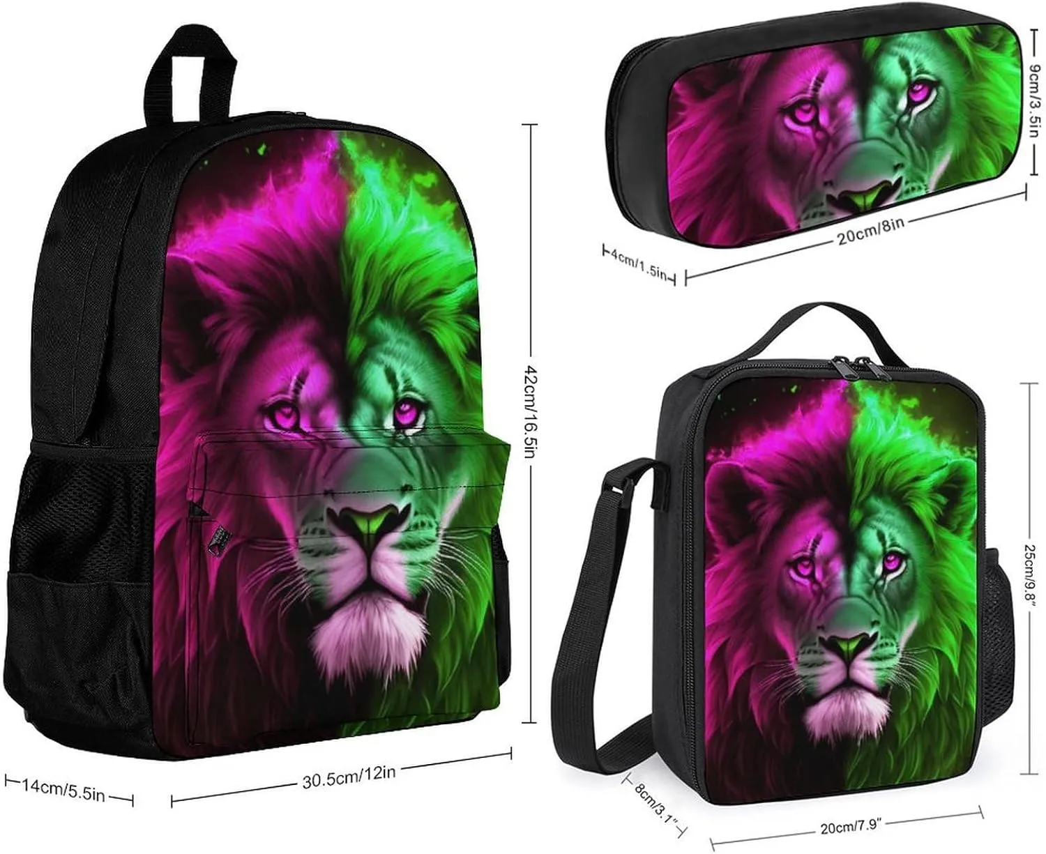 Big Capacity Rucksack, Cool Lion Blue And Red Fire Surreal Style Art Bookbag, 3 Piece College Daypack, Travel Hiking Backpack Rucksack   Lunch Bag   Pencil Bag, One Size