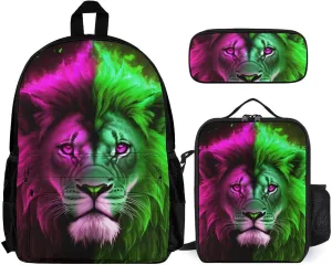 Big Capacity Rucksack, Cool Lion Blue And Red Fire Surreal Style Art Bookbag, 3 Piece College Daypack, Travel Hiking Backpack Rucksack   Lunch Bag   Pencil Bag, One Size