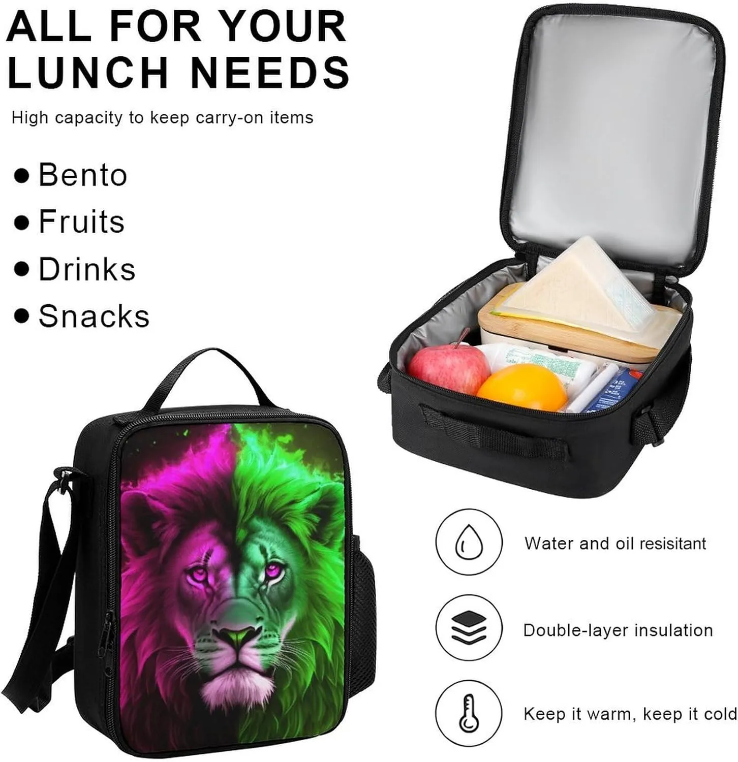 Big Capacity Rucksack, Cool Lion Blue And Red Fire Surreal Style Art Bookbag, 3 Piece College Daypack, Travel Hiking Backpack Rucksack   Lunch Bag   Pencil Bag, One Size