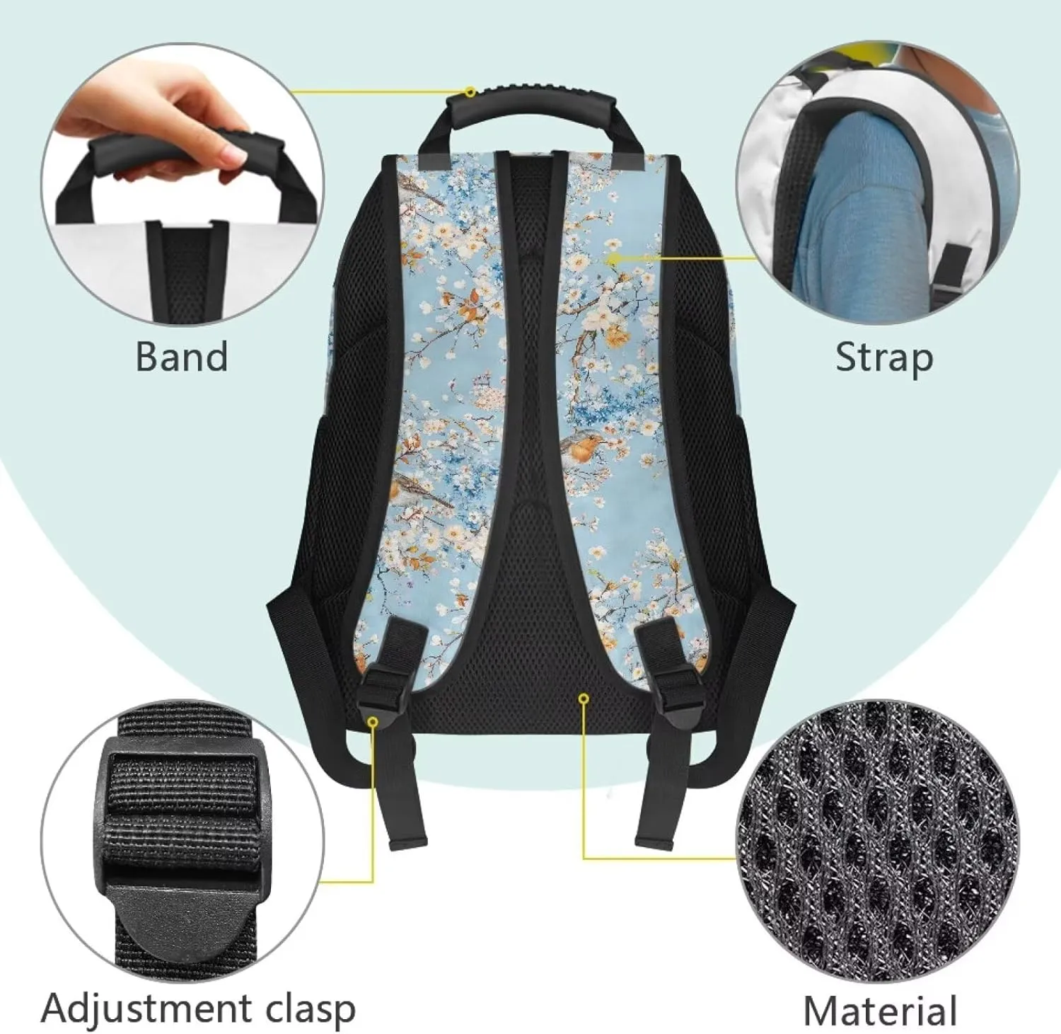 Bird Print Bag for Men Women Floral Travel Backpack Multi Compartment Back Packs School 17 Inch Bagpack Laptop Supplies for College Daily Use