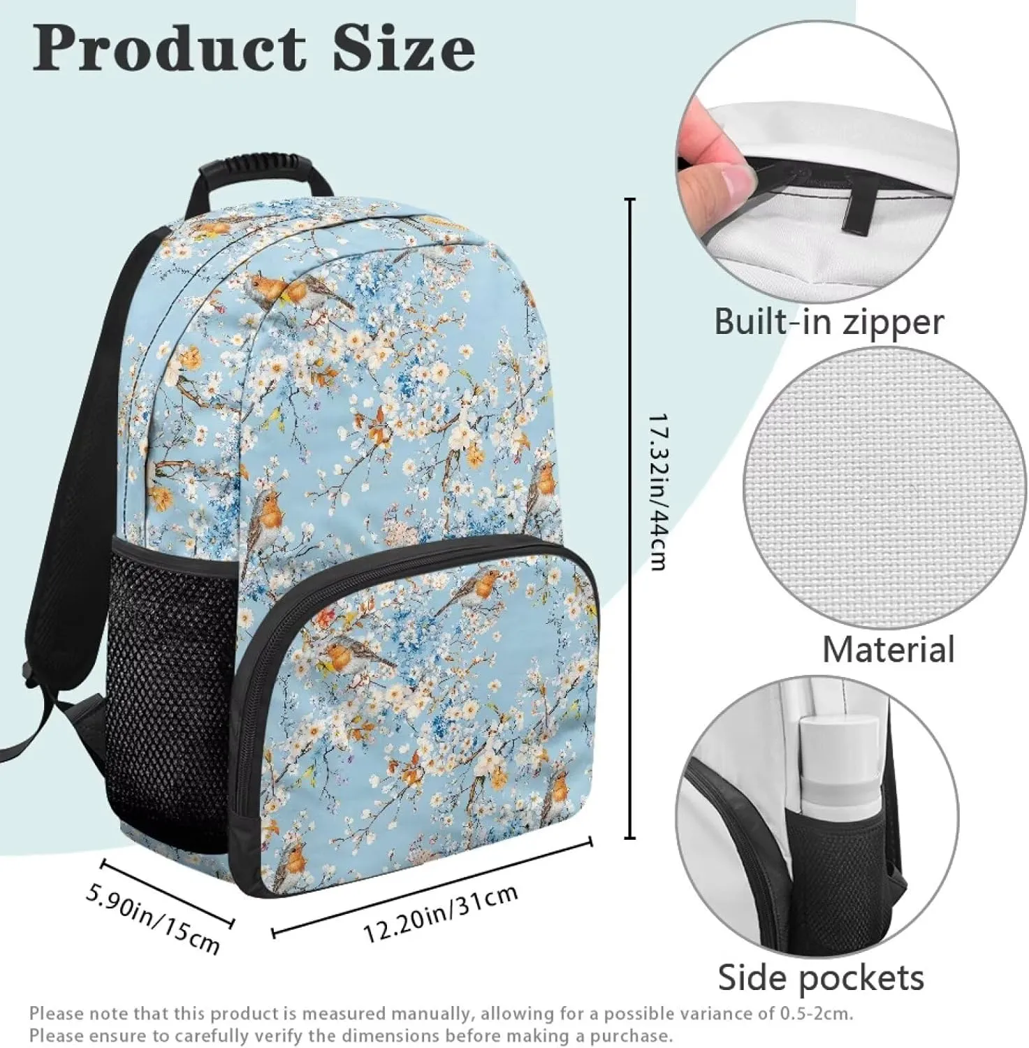 Bird Print Bag for Men Women Floral Travel Backpack Multi Compartment Back Packs School 17 Inch Bagpack Laptop Supplies for College Daily Use