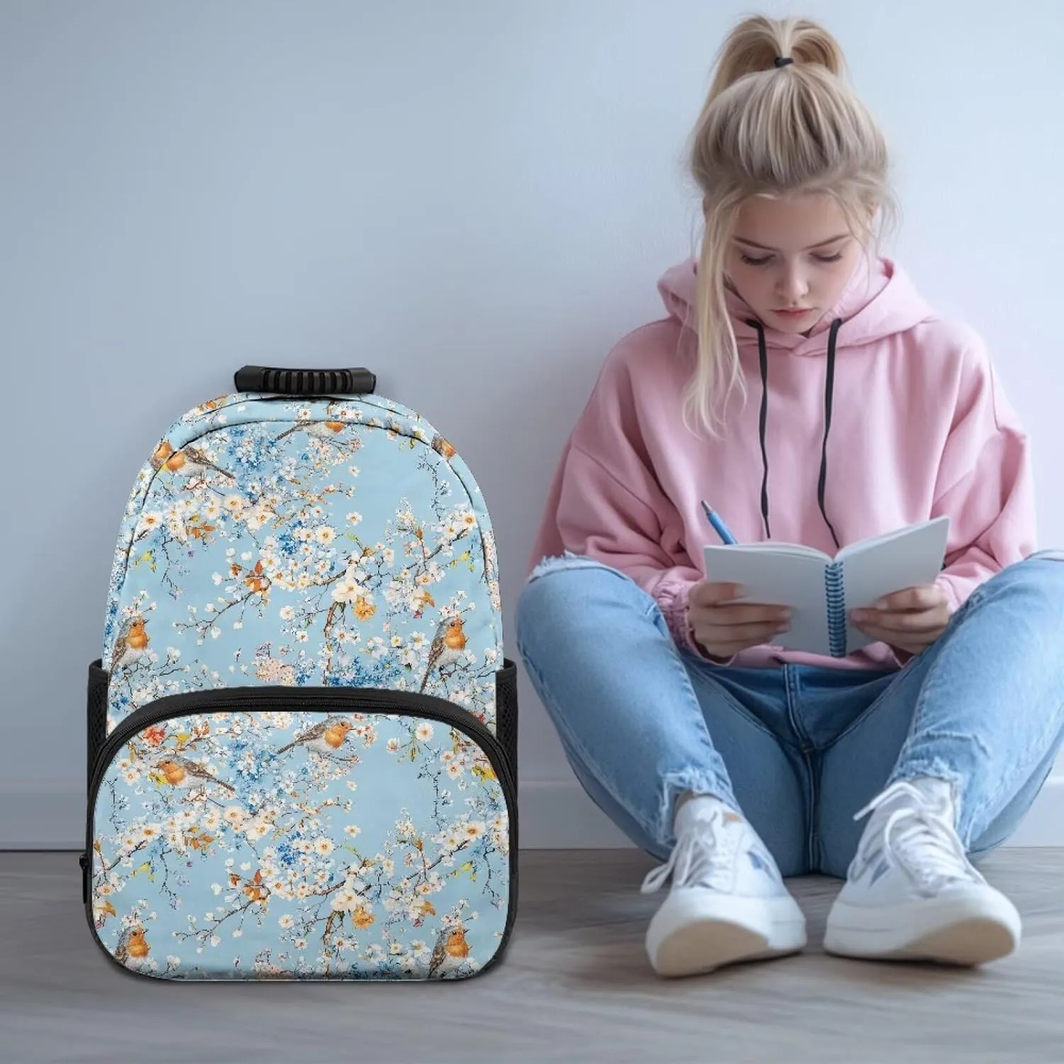 Bird Print Bag for Men Women Floral Travel Backpack Multi Compartment Back Packs School 17 Inch Bagpack Laptop Supplies for College Daily Use