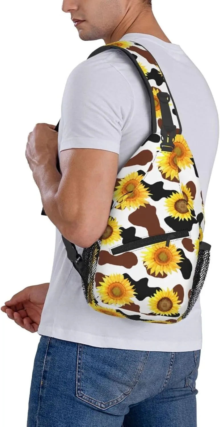 Black Brown Cow Skin Texture Sunflower Cross Chest Bag Diagonally Hiking Crossbody Bag Travel Shoulder Daypack Lightweight Sling Backpack Cycling Daypacks Fitness Chest Backpacks