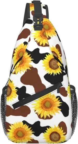 Black Brown Cow Skin Texture Sunflower Cross Chest Bag Diagonally Hiking Crossbody Bag Travel Shoulder Daypack Lightweight Sling Backpack Cycling Daypacks Fitness Chest Backpacks