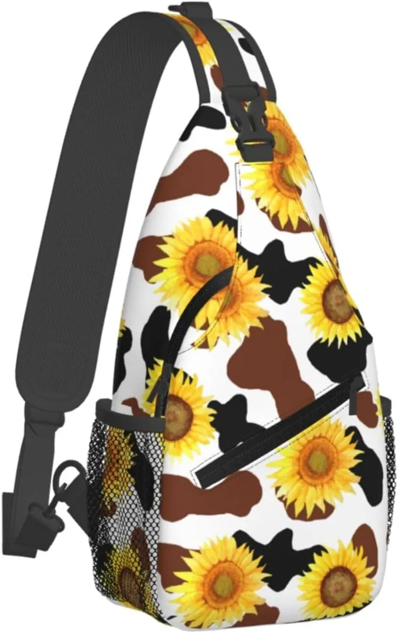 Black Brown Cow Skin Texture Sunflower Cross Chest Bag Diagonally Hiking Crossbody Bag Travel Shoulder Daypack Lightweight Sling Backpack Cycling Daypacks Fitness Chest Backpacks
