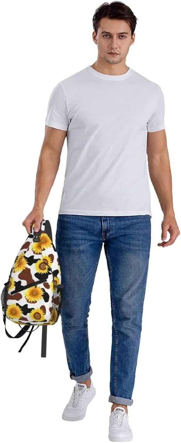 Black Brown Cow Skin Texture Sunflower Cross Chest Bag Diagonally Hiking Crossbody Bag Travel Shoulder Daypack Lightweight Sling Backpack Cycling Daypacks Fitness Chest Backpacks