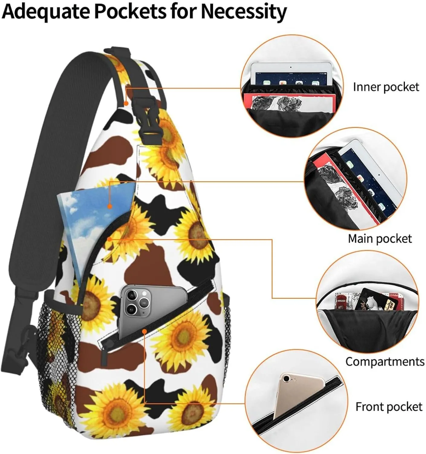 Black Brown Cow Skin Texture Sunflower Cross Chest Bag Diagonally Hiking Crossbody Bag Travel Shoulder Daypack Lightweight Sling Backpack Cycling Daypacks Fitness Chest Backpacks