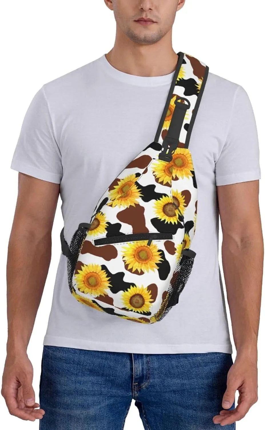 Black Brown Cow Skin Texture Sunflower Cross Chest Bag Diagonally Hiking Crossbody Bag Travel Shoulder Daypack Lightweight Sling Backpack Cycling Daypacks Fitness Chest Backpacks