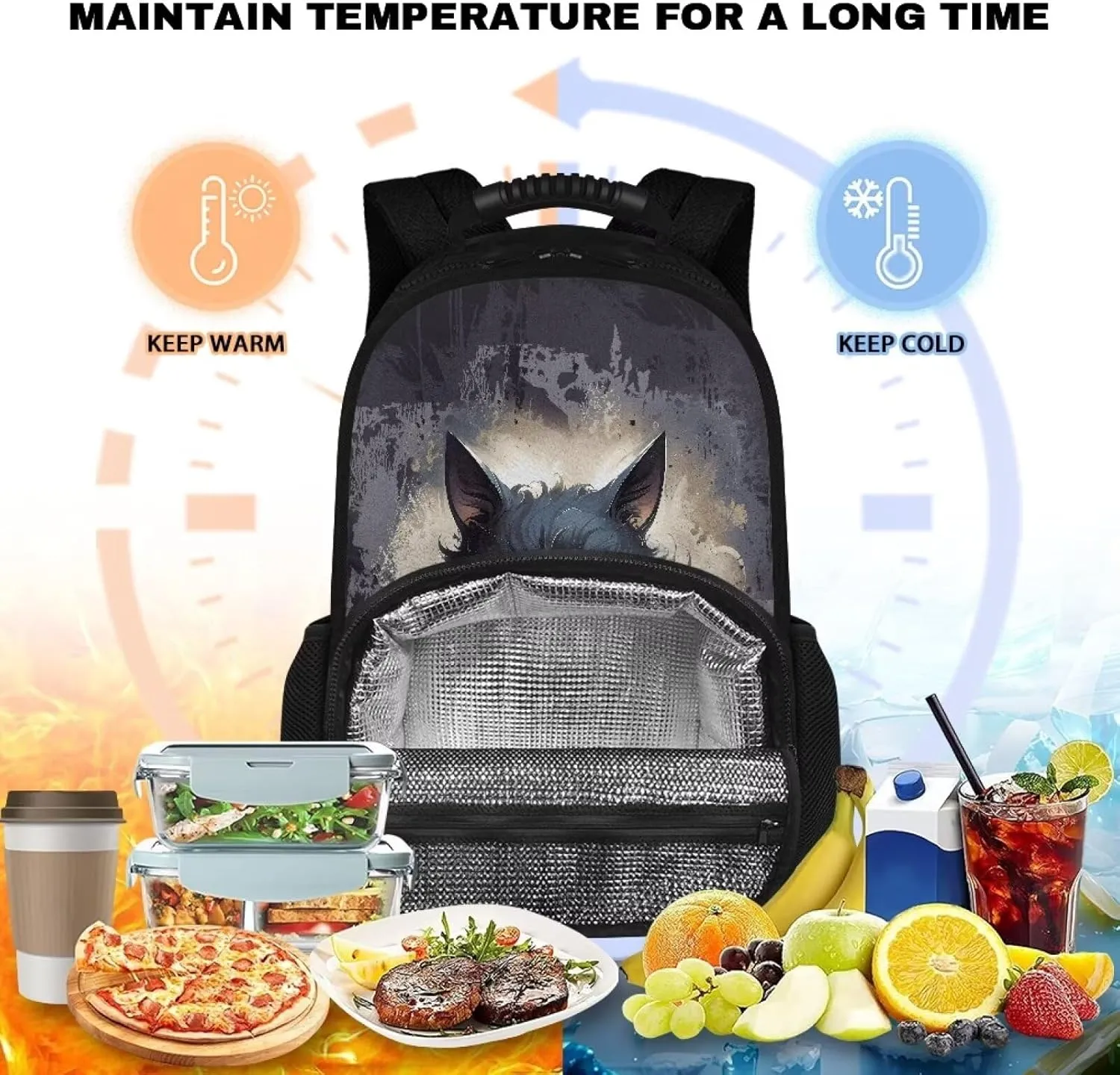 Black Cat Lunch Backpack for Women Insulated Cooler Backpack Lunch Box 17inch Laptop Bag Work Backpack With Cooler Compartment Travel Picnic Bags Cool Gifts for Nurse Teacher College