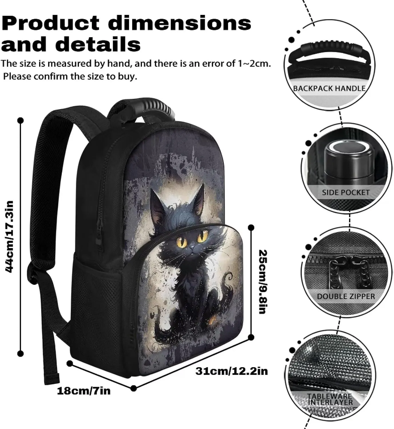 Black Cat Lunch Backpack for Women Insulated Cooler Backpack Lunch Box 17inch Laptop Bag Work Backpack With Cooler Compartment Travel Picnic Bags Cool Gifts for Nurse Teacher College