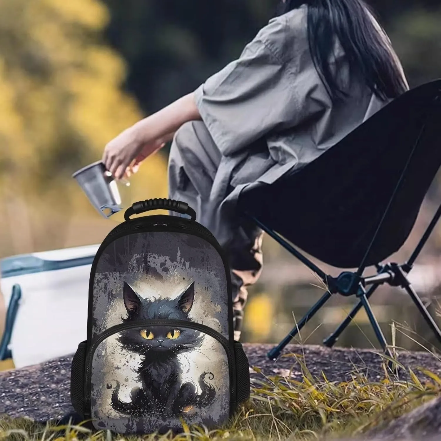 Black Cat Lunch Backpack for Women Insulated Cooler Backpack Lunch Box 17inch Laptop Bag Work Backpack With Cooler Compartment Travel Picnic Bags Cool Gifts for Nurse Teacher College