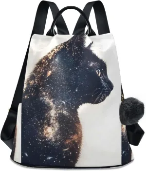 Black Cat Milky Way Universe Backpack for Women Anti Theft Large Fashion Travel Shoulder Bag Purse Rucksack Lightweight