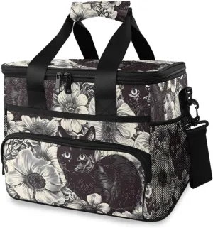Black Cats Flower Cooler Bag Insulated Cooler Soft Sided Cooler 24 Can Portable Picnic Bag Large Leakproof Lunch Bag Box for Beach Grocery Camping Travel Car Men Women