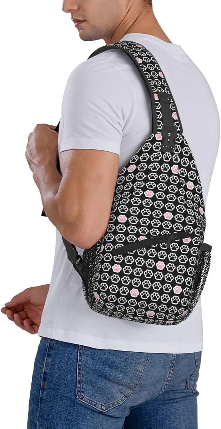 Black Dog Paw Pink Cat Paw Foot Print Cross Chest Bag Diagonally Hiking Crossbody Bag Travel Shoulder Daypack Lightweight Sling Backpack Cycling Daypacks Fitness Chest Backpacks