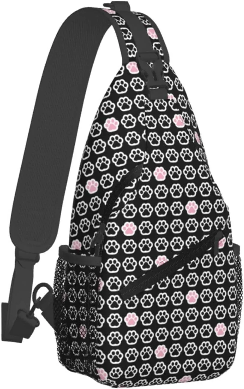 Black Dog Paw Pink Cat Paw Foot Print Cross Chest Bag Diagonally Hiking Crossbody Bag Travel Shoulder Daypack Lightweight Sling Backpack Cycling Daypacks Fitness Chest Backpacks