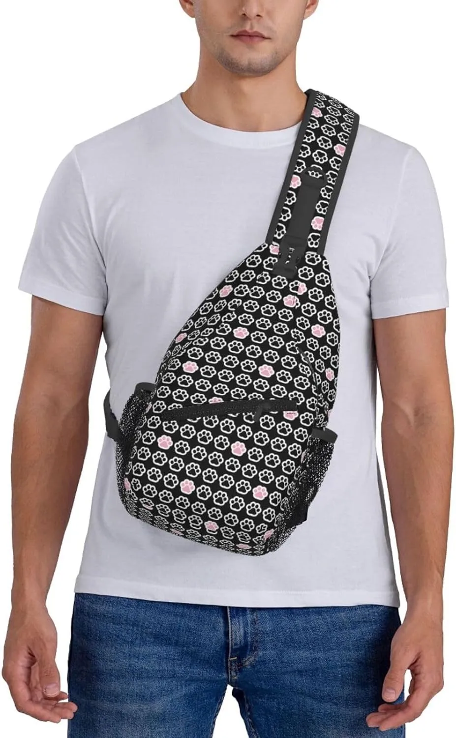 Black Dog Paw Pink Cat Paw Foot Print Cross Chest Bag Diagonally Hiking Crossbody Bag Travel Shoulder Daypack Lightweight Sling Backpack Cycling Daypacks Fitness Chest Backpacks