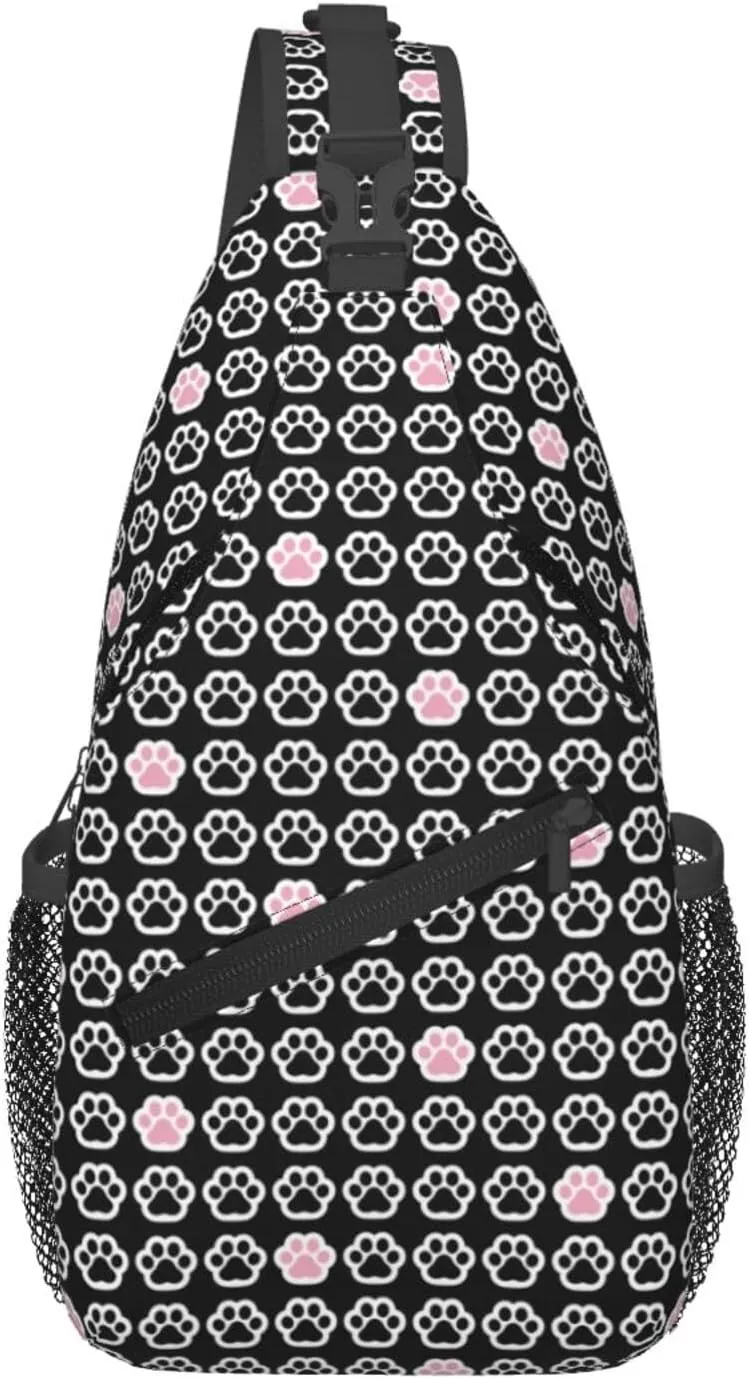 Black Dog Paw Pink Cat Paw Foot Print Cross Chest Bag Diagonally Hiking Crossbody Bag Travel Shoulder Daypack Lightweight Sling Backpack Cycling Daypacks Fitness Chest Backpacks