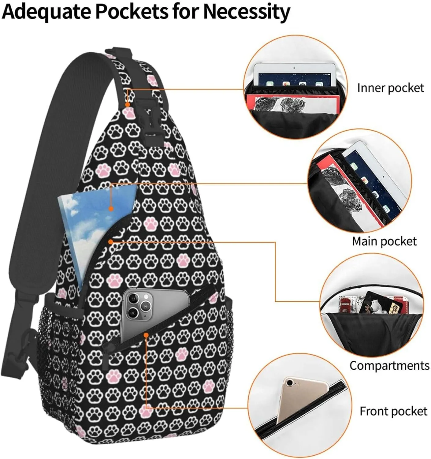 Black Dog Paw Pink Cat Paw Foot Print Cross Chest Bag Diagonally Hiking Crossbody Bag Travel Shoulder Daypack Lightweight Sling Backpack Cycling Daypacks Fitness Chest Backpacks